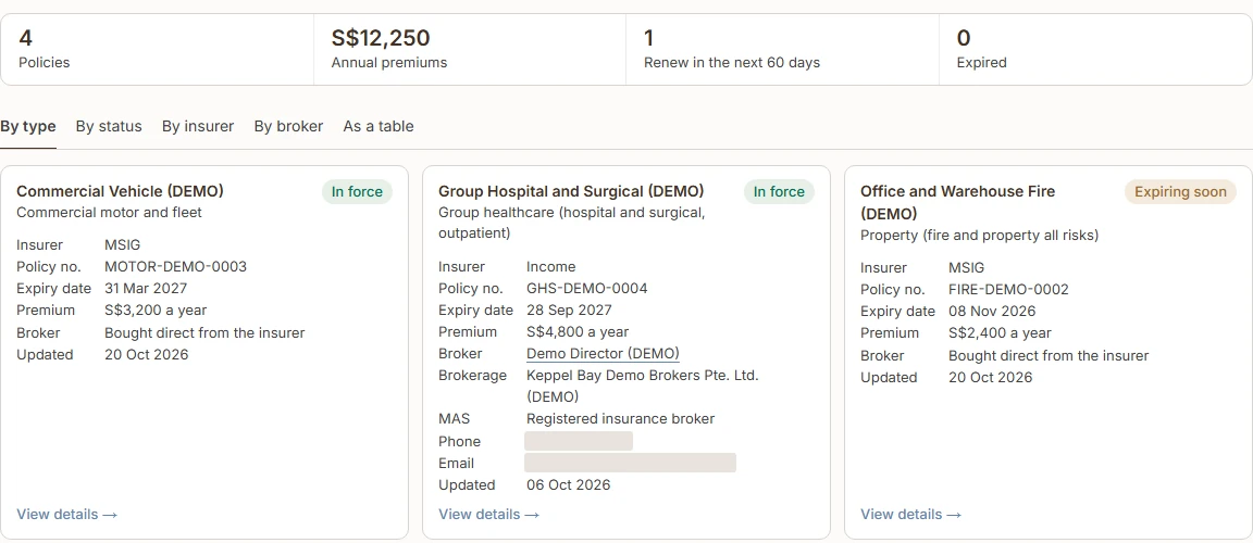 Every policy in one place: insurer, policy number, expiry date, premium and broker